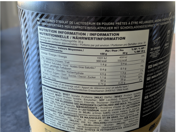 Étiquette de mon pot gold standard 100% isolate chocolat valeurs nutritionnelles et ingrédients de la version testée.